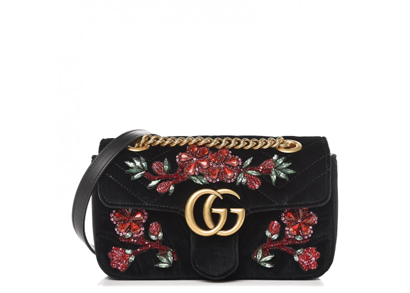 Gucci GG Marmont Matelasse Embroidered Floral Gems Mini Black in