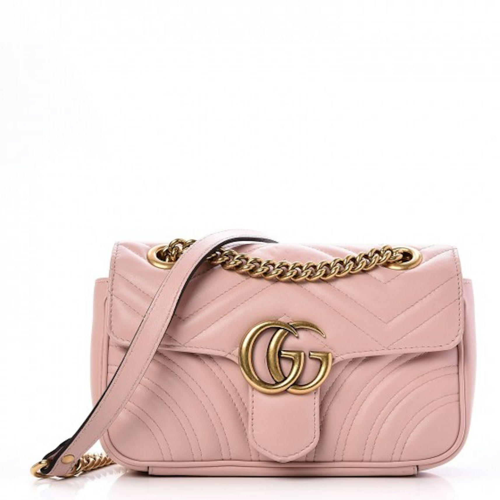 GUCCI Metallic Calfskin Matelasse Mini GG Marmont Shoulder Bag Gold Pink  614752