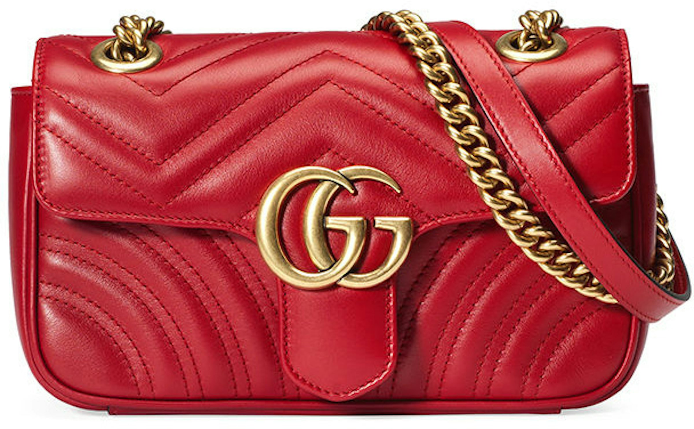 Gucci New Auth Red Leather GG Marmont Metelasse Super Mini Chain
