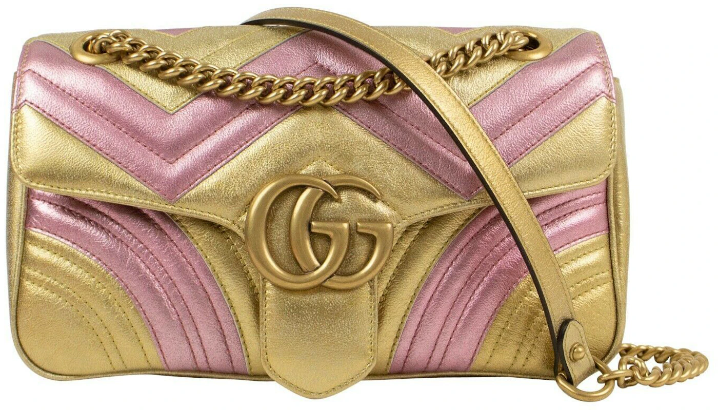 Gucci Chevron Quilted Leather Marmont Medium Flap Messenger Bag Pink Gold