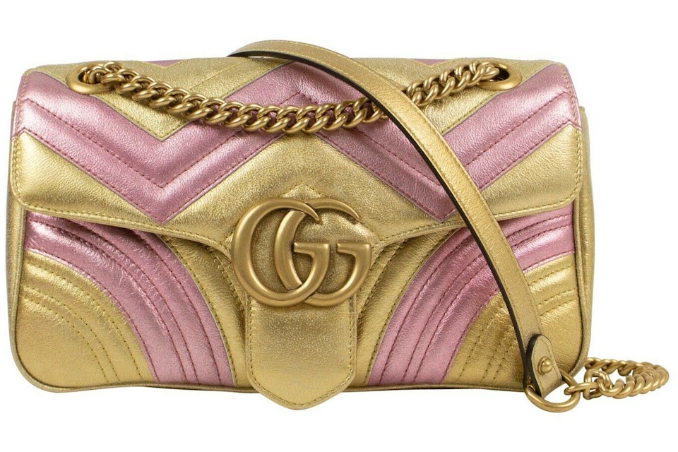 Gucci Marmont Matelasse Shoulder Bag Gg Metallic Medium Gold Pink In Calfskin Leather With Gold Tone Gucci Marmont Matelasse Shoulder Bag Gg Metallic Medium Gold Pink In Calfskin Leather With Gold Tone