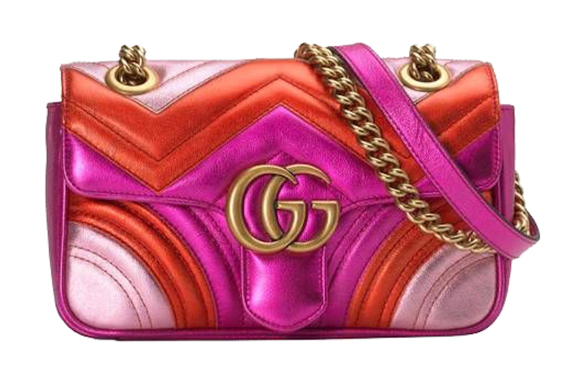 Pre-owned Gucci Marmont Matelasse Shoulder Bag Mini Gg Metallic Red/pink