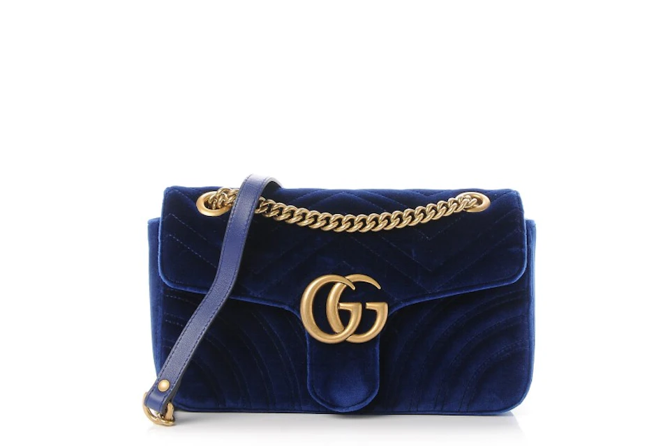 Primero Correctamente nacionalismo Gucci GG Marmont Shoulder Bag Matelasse Velvet Small Cobalt Blue in Velvet  with Aged Gold-tone - ES