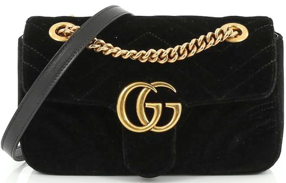 Embankment Fitness Ordliste Gucci GG Marmont Velvet Matelasse Mini Black in Velvet with ANTIQUE GOLDTONE