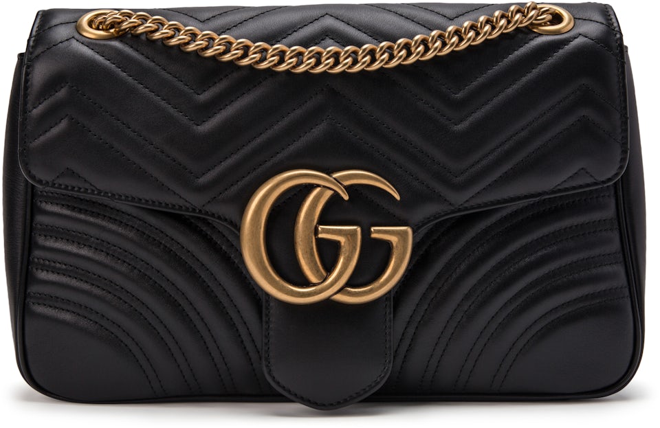 GUCCI, GG Marmont Chevron Leather with Red Trim Shoulder Bag in Black