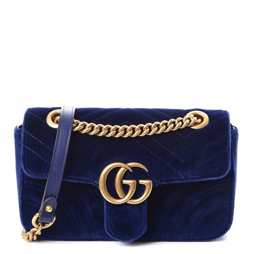 Gucci GG Marmont Velvet Matelasse Mini Cobalt Blue in Velvet with ...