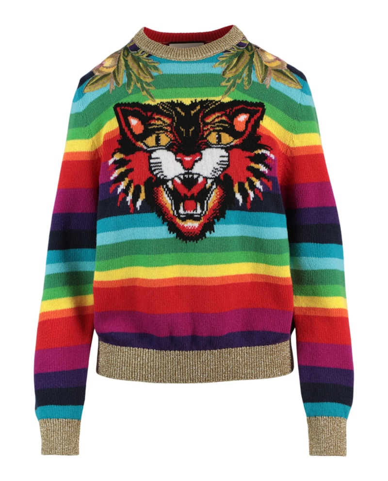 Gucci Multicolor Cat Jacquard Sweater Gold Multi