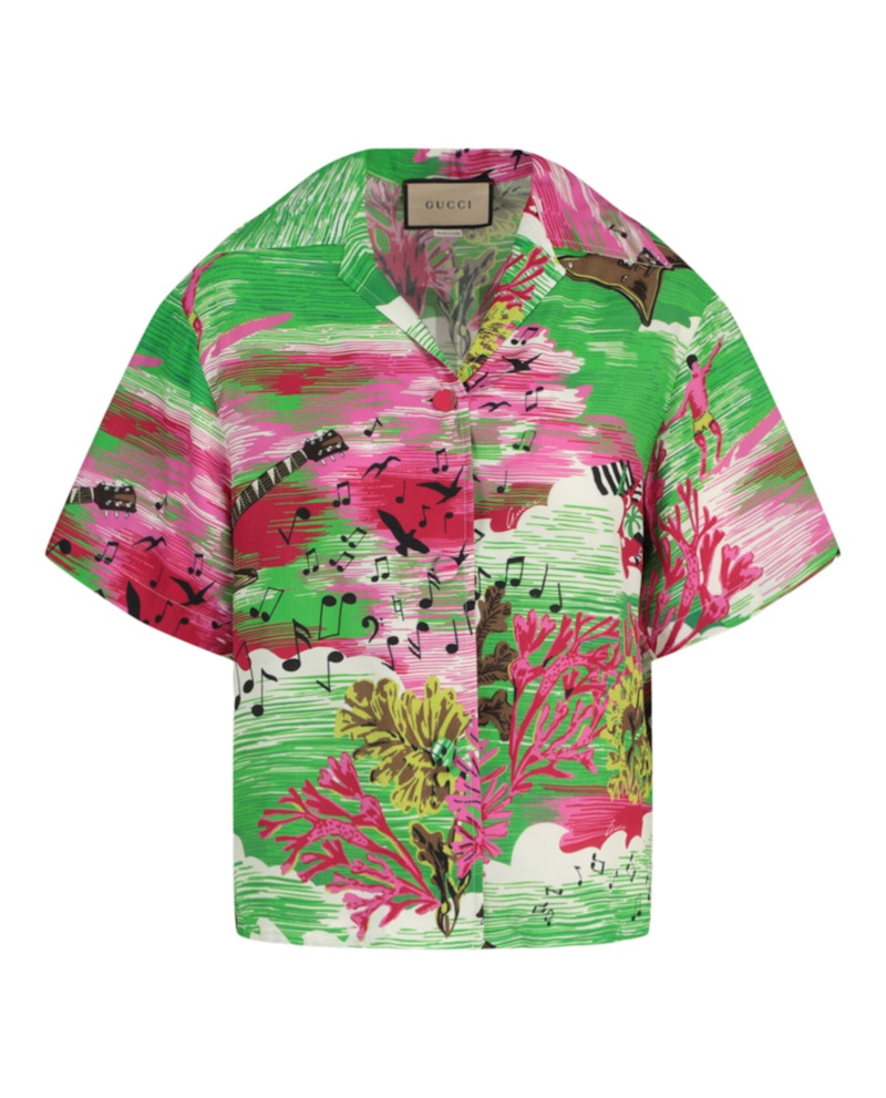 Pre-owned Gucci Women's Music Ocean Print Bowling Shirt
