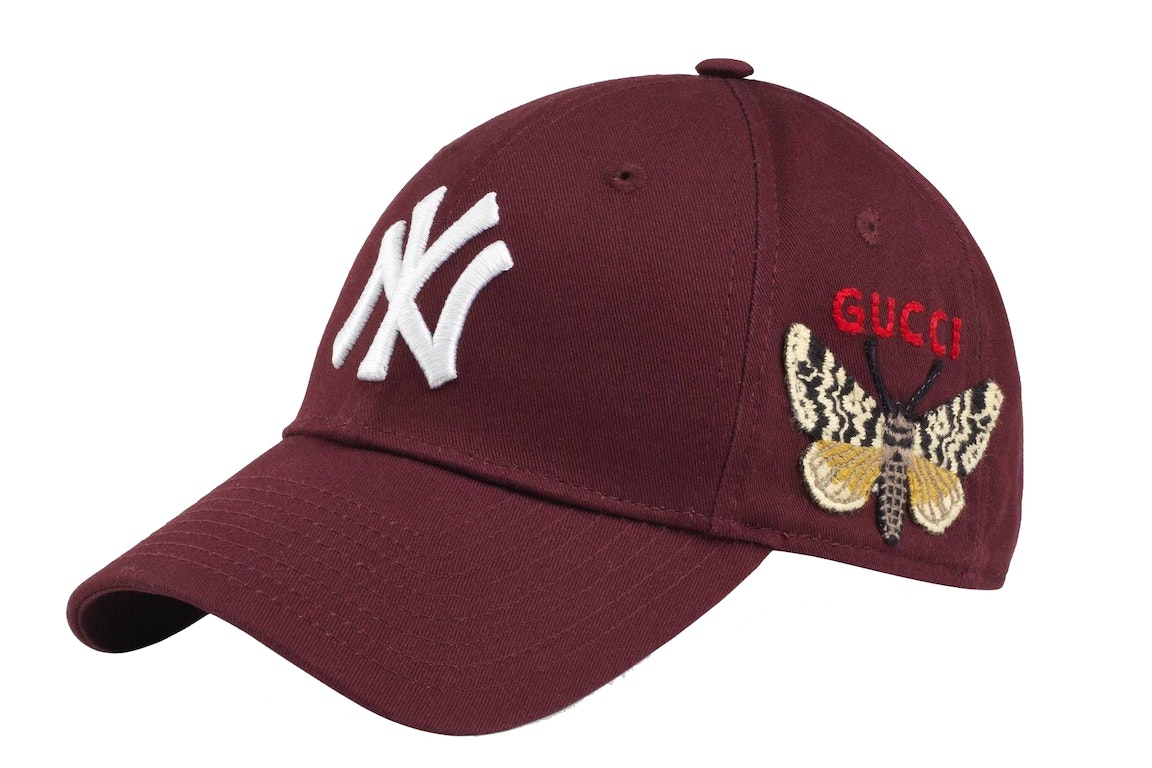 Pre-owned Gucci Ny Yankees Embroidered Butterfly Baseball Cap Burgundy