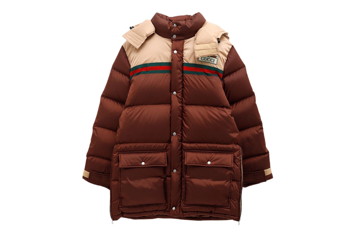Pre-owned Gucci Nylon Satin Padded Bomber Down Coat Brown/beige/green/red