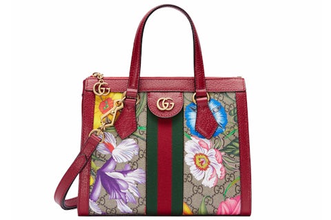 Gucci Ophidia Tote Bag GG Flora Small Red in Canvas/Leather with