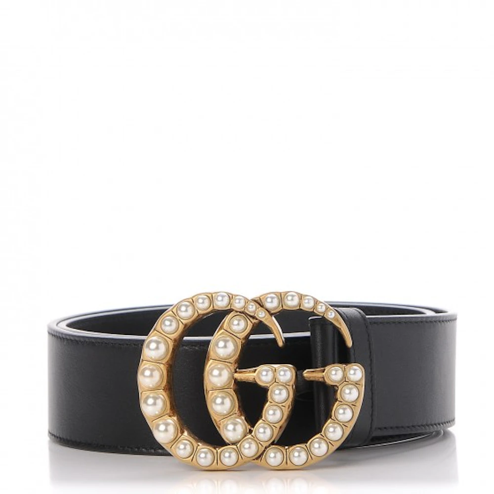 Black Leather Belt With Pearl Double G