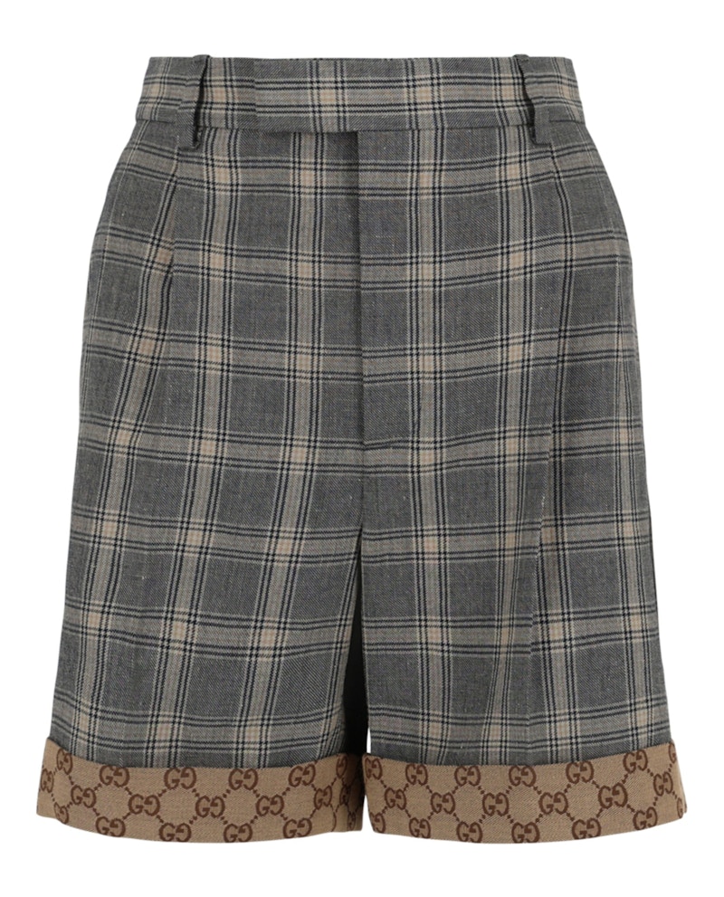 Gucci Plaid Printed Linen and Wool Shorts Grey US