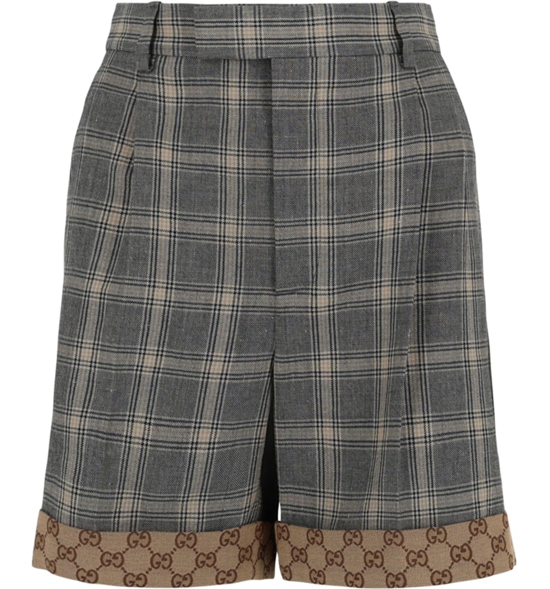 Gucci Plaid Printed Linen and Wool Shorts Grey US