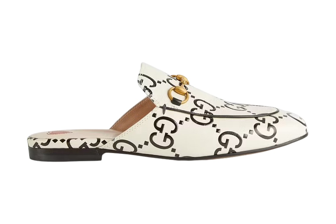 Pre-owned Gucci Princetown Slipper White Gg Debossed Leather In Beige/black/gold