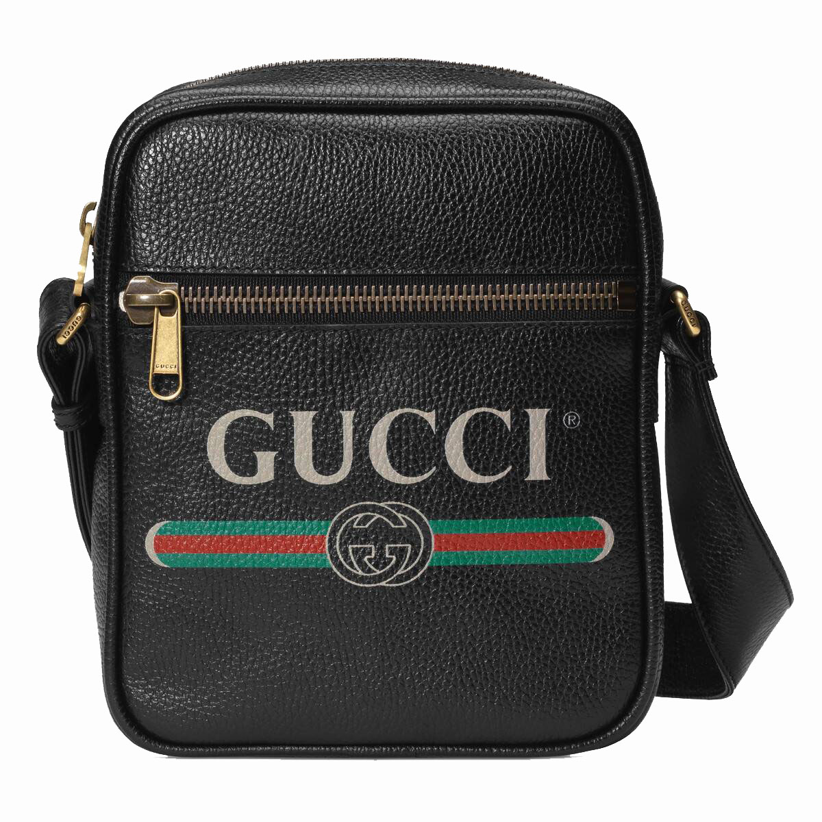 Gucci Print Messenger Bag Vintage Logo Black in Leather with Brass 