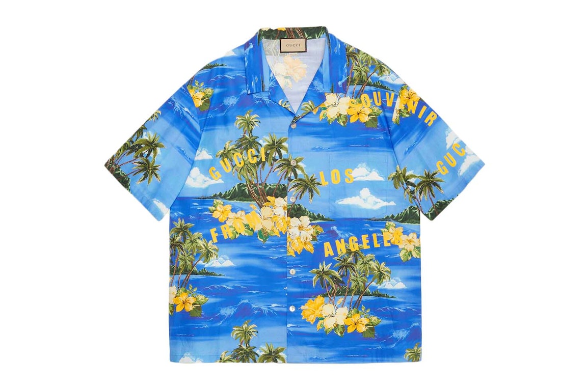 Pre-owned Gucci Printed Cotton Bowling Shirt Blue/green/yellow