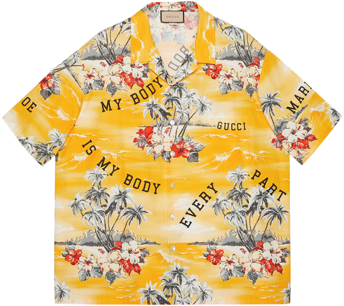 Gucci Printed Cotton Poplin Bowling Shirt Yellow/Red Men's - FW22 - US