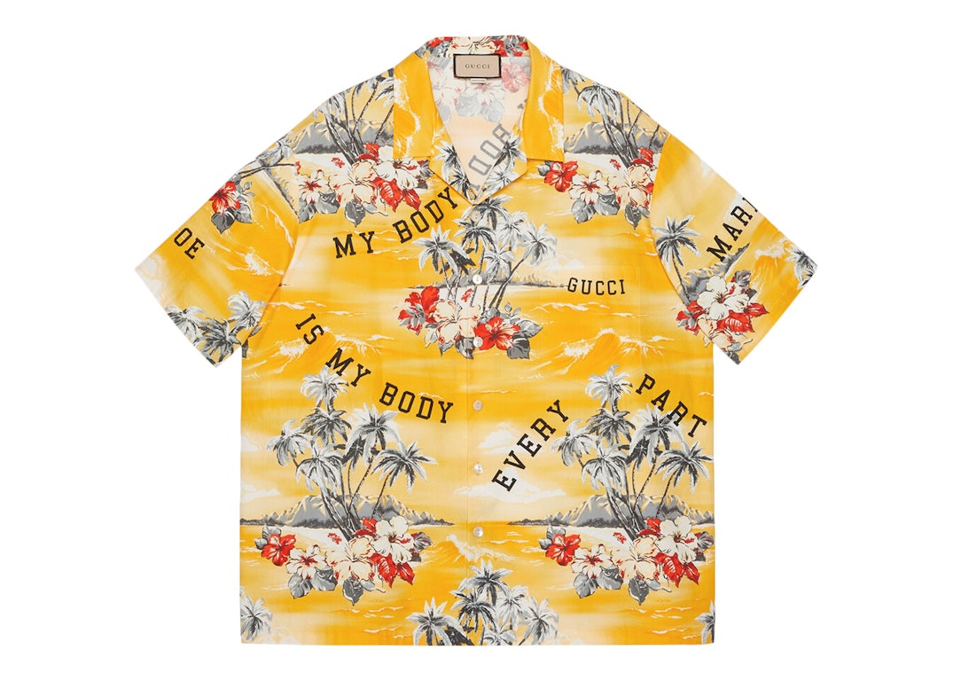 Pre-owned Gucci Printed Cotton Poplin Bowling Shirt Yellow/red