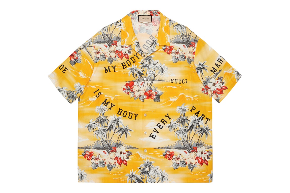 Pre-owned Gucci Printed Cotton Poplin Bowling Shirt Yellow/red