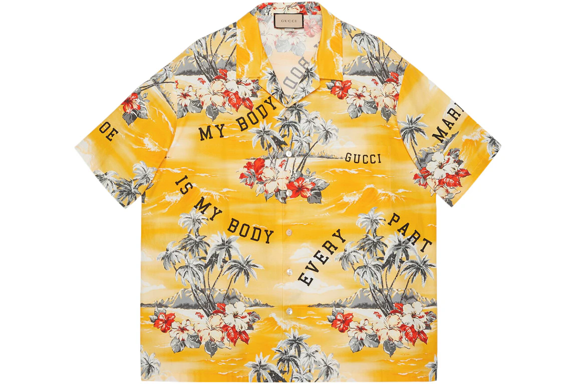 Gucci Printed Cotton Poplin Bowling Shirt Yellow/Red