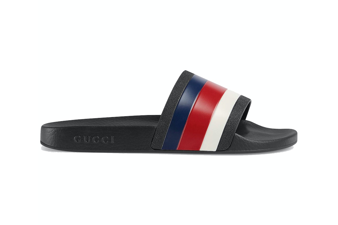 Pre-owned Gucci Pursuit Pool Slides Blue White Stripe In Black/red/white