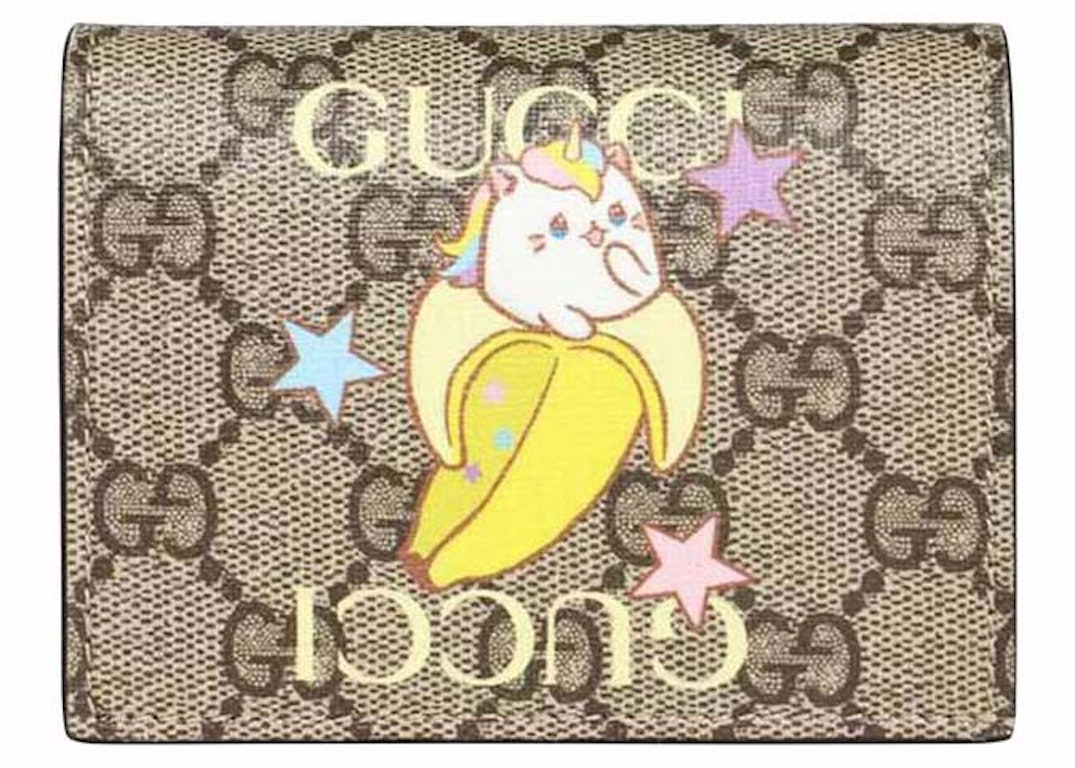 Pre-owned Gucci Rainbow And Stars Banana Print Card Case Beige