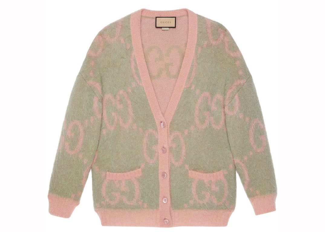 Pre-owned Gucci Reversible Gg Cardigan Salmon Pink/pastel Green