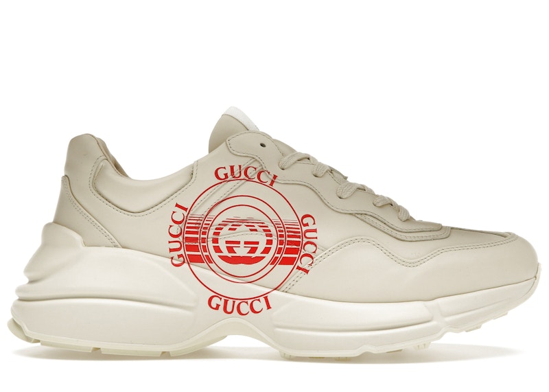 Pre-owned Gucci Men's Rhyton Interlocking Disk Sneakers In Ivory/red In Multi