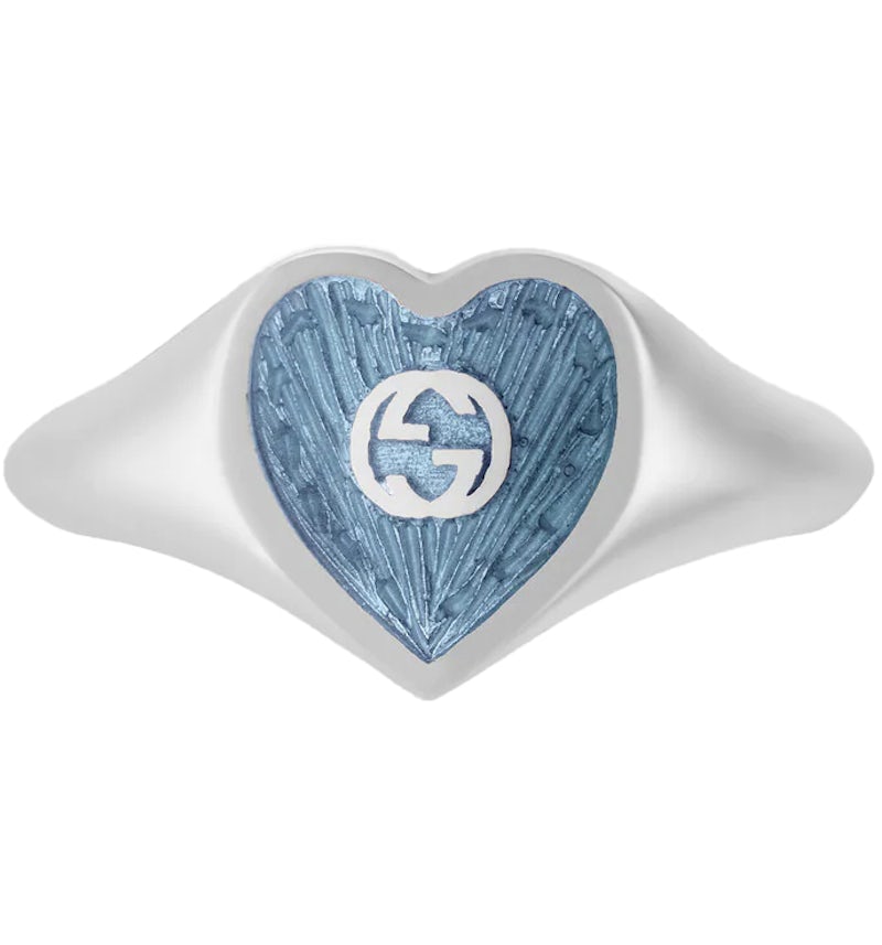 Gucci Ring With Interlocking G Enamel Heart Silver/Light Blue in