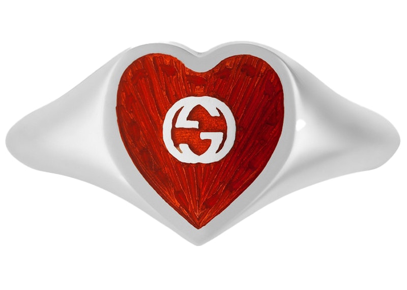 Gucci Ring With Interlocking G Enamel Heart Silver/Red in 925