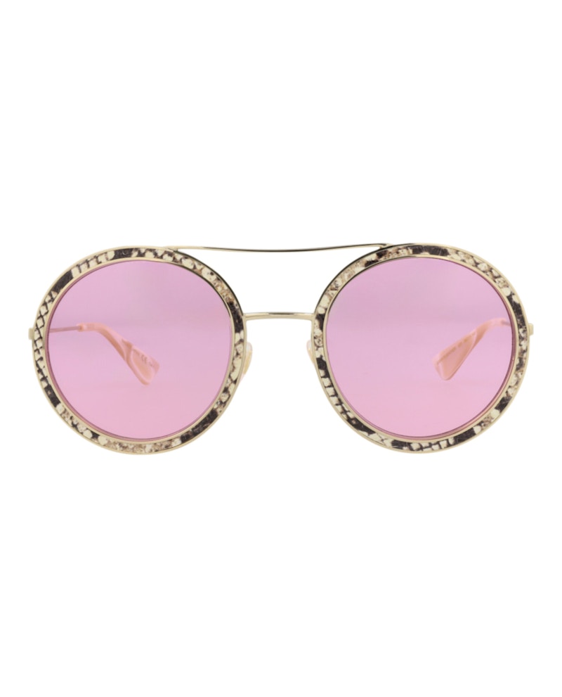 Pre-owned Gucci Women's Roundframe Leather Sunglasses In Ivory Gold Pink (gg0061slea/30010513/001)