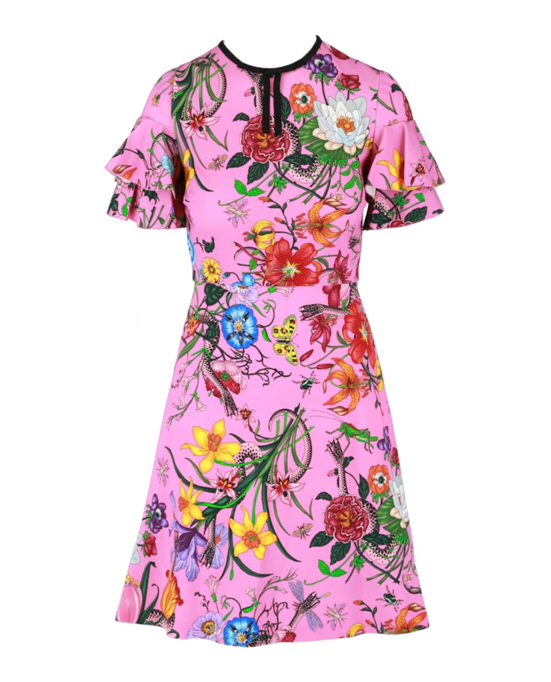 Gucci Ruffled Flora Snake Print Dress Princess Rose Print