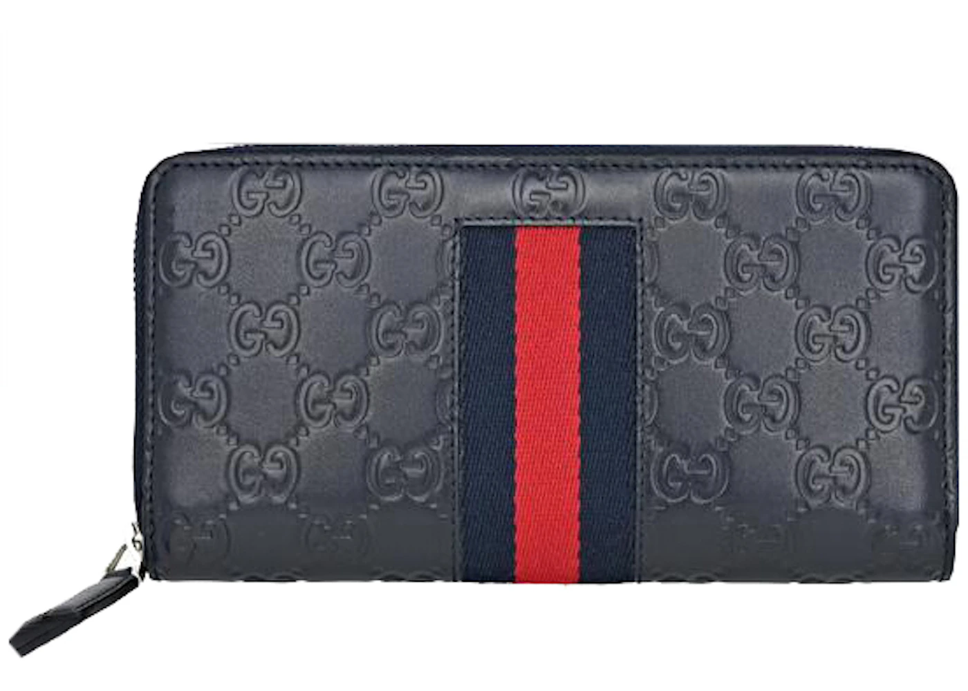 Gucci Signature Web Zip Around Wallet Navy Blue in Leather with Silver ...