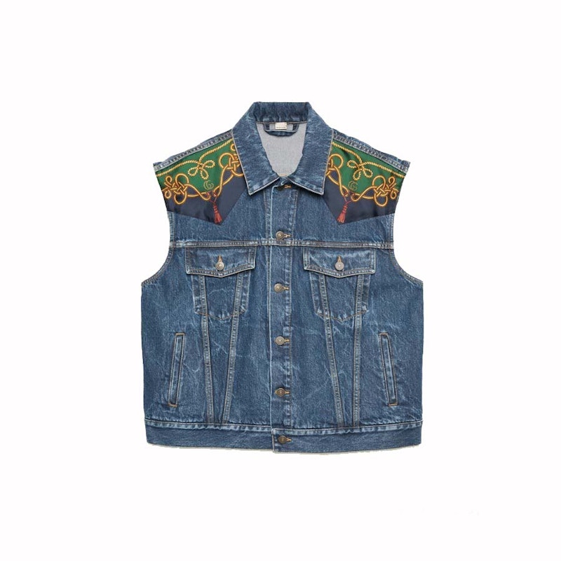 Pre-owned Gucci Men's Silk Scarfpanelled Denim Vest In Blue