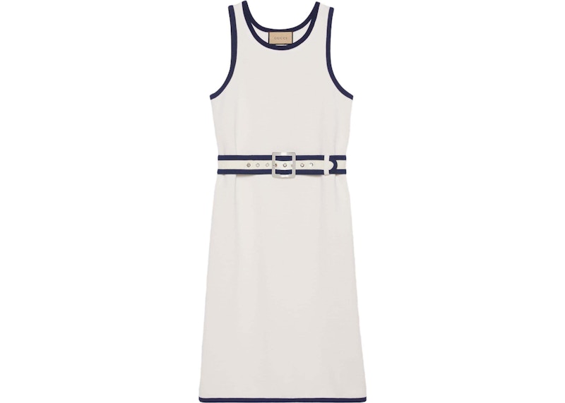 Pre-owned Gucci Women's  Sleeveless Belted Dress In White/navy Blue In Multi