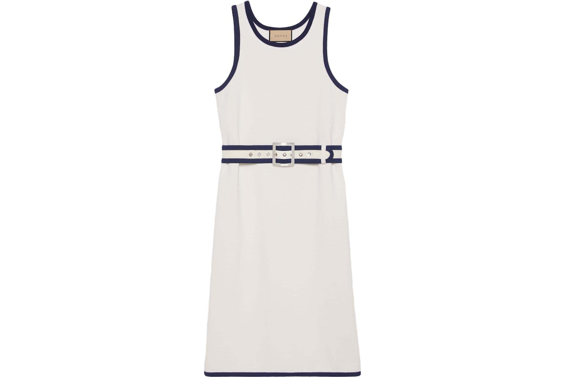 Pre-owned Gucci Sleeveless Belted Dress White/navy