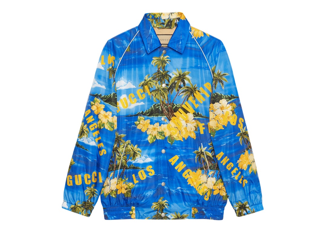 Pre-owned Gucci Souvenir From Los Angeles Print Nylon Jacket Blue/yellow
