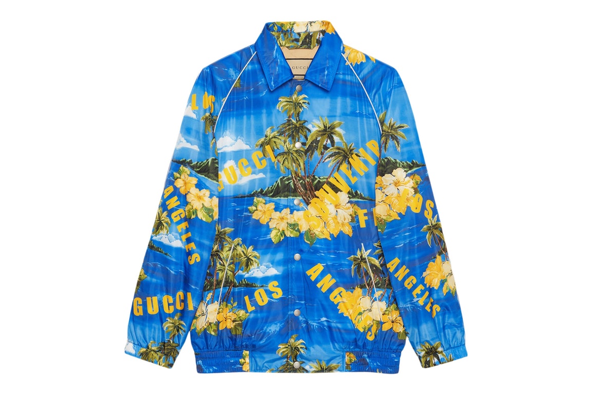 Pre-owned Gucci Souvenir From Los Angeles Print Nylon Jacket Blue/yellow