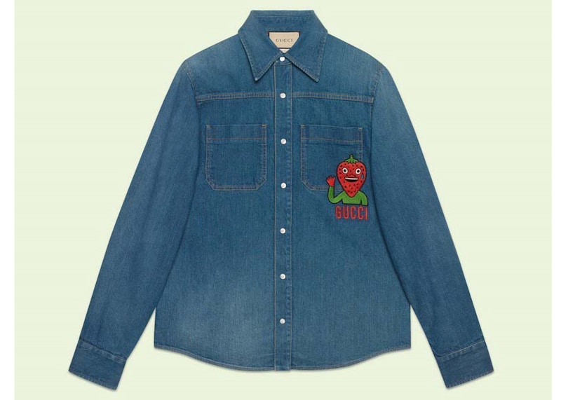 Gucci Strawberry Patch Denim Jacket Blue Men s GB