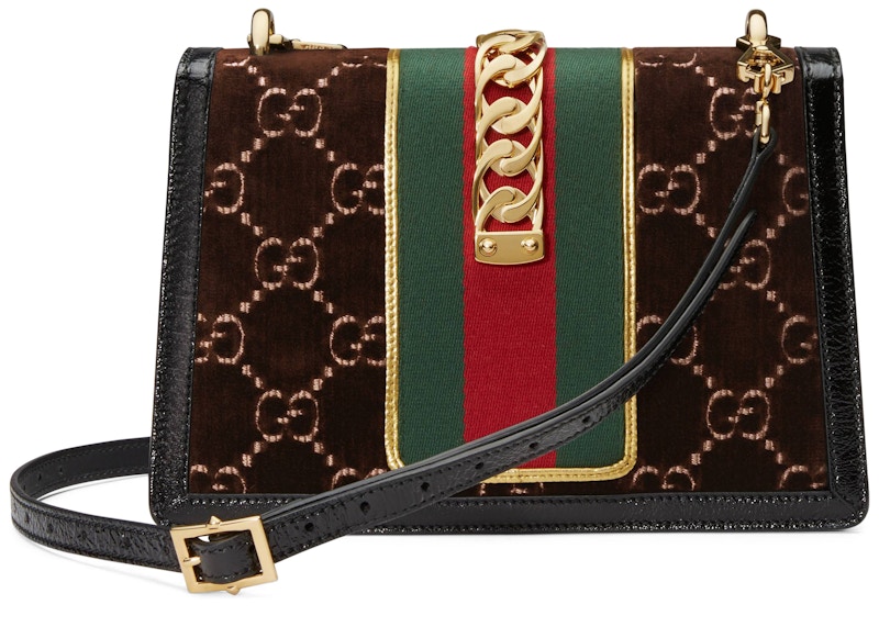 Gucci Sylvie Shoulder Bag GG Velvet Small Brown in Velvet Patent