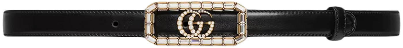 Gucci Thin Belt with Crystal Double G Buckle Black in Leather with Gold ...