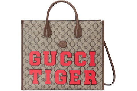 Gucci Tiger GG Medium Tote Bag Beige/Ebony in Canvas/Leather with