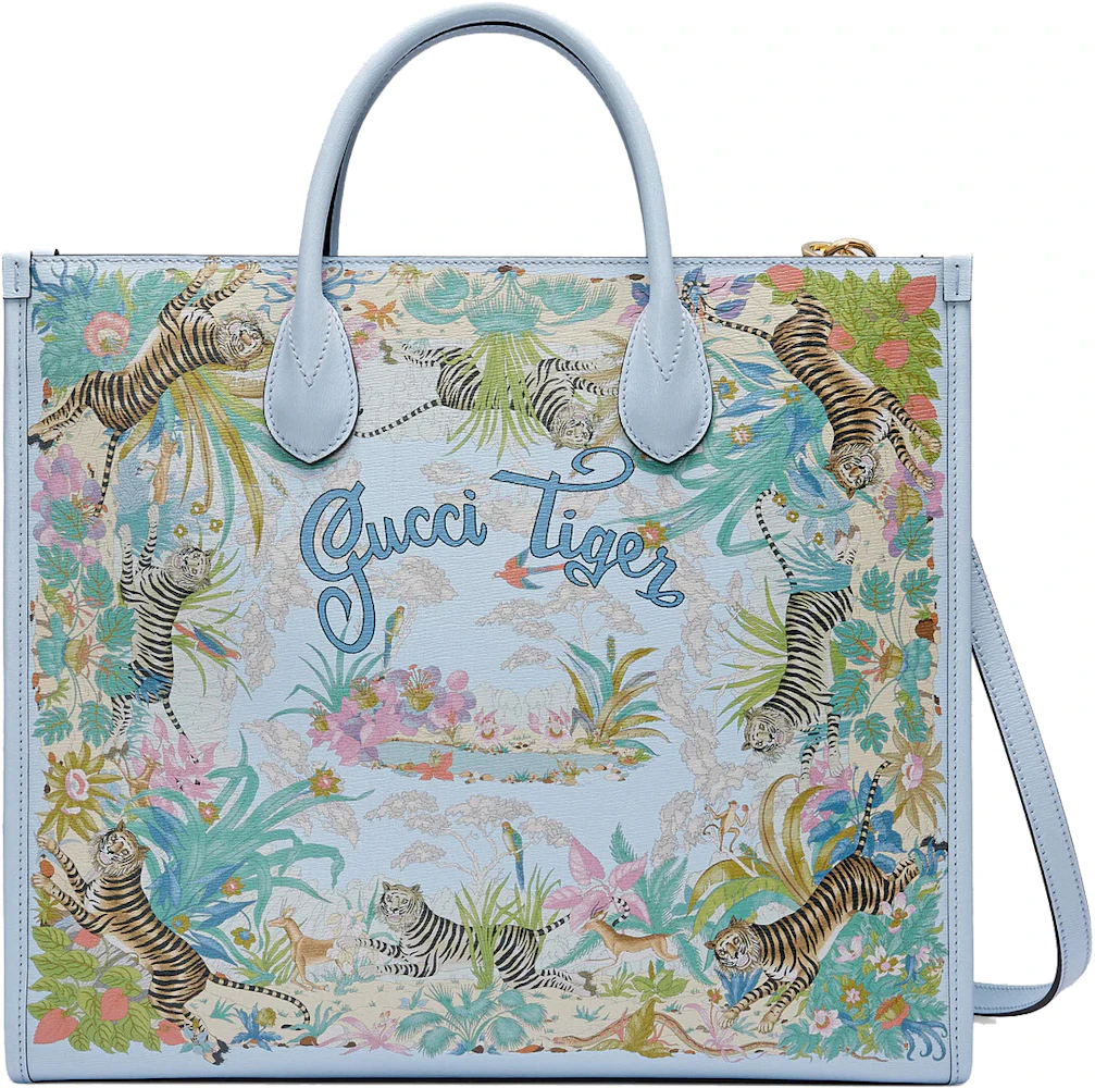 Gucci Tiger Medium Tote Bag Light Blue in Canvas/Leather with Gold-tone - US