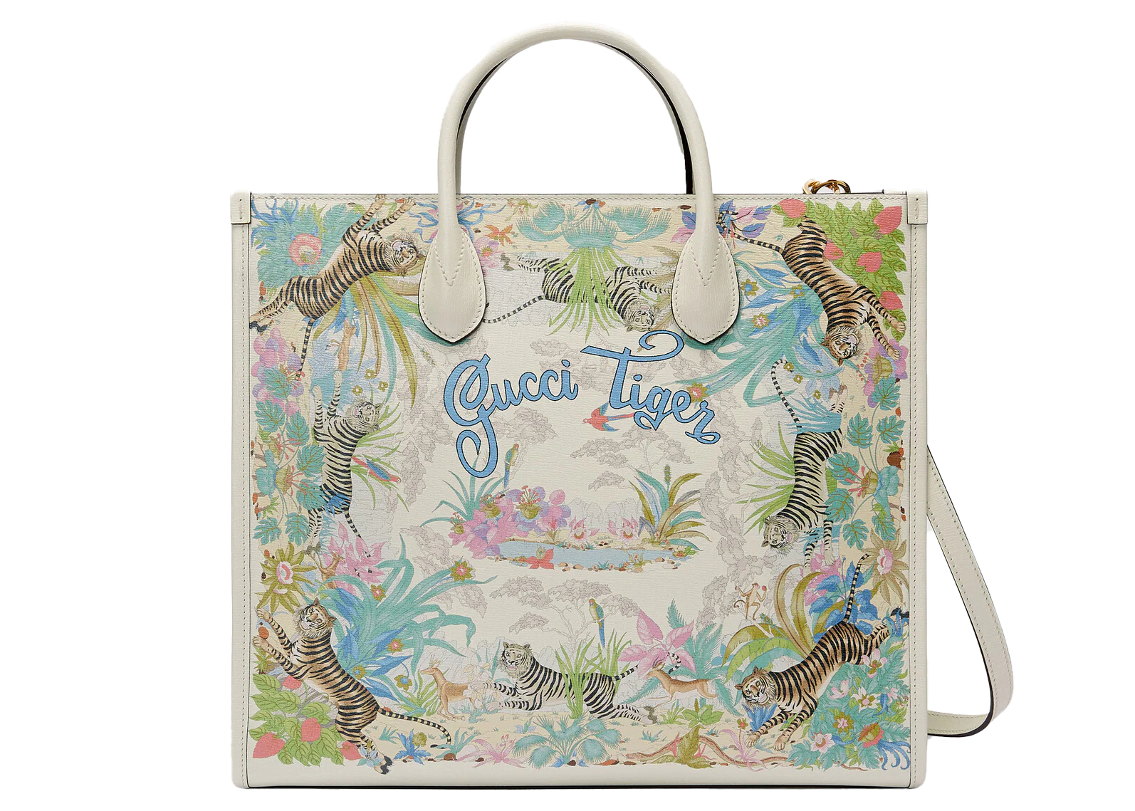 Gucci Tiger Medium Tote Bag Off White in Canvas/Leather with Gold ...