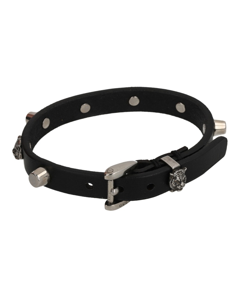 Pre-owned Gucci Tiger Studded Leather Bracelet In Silver