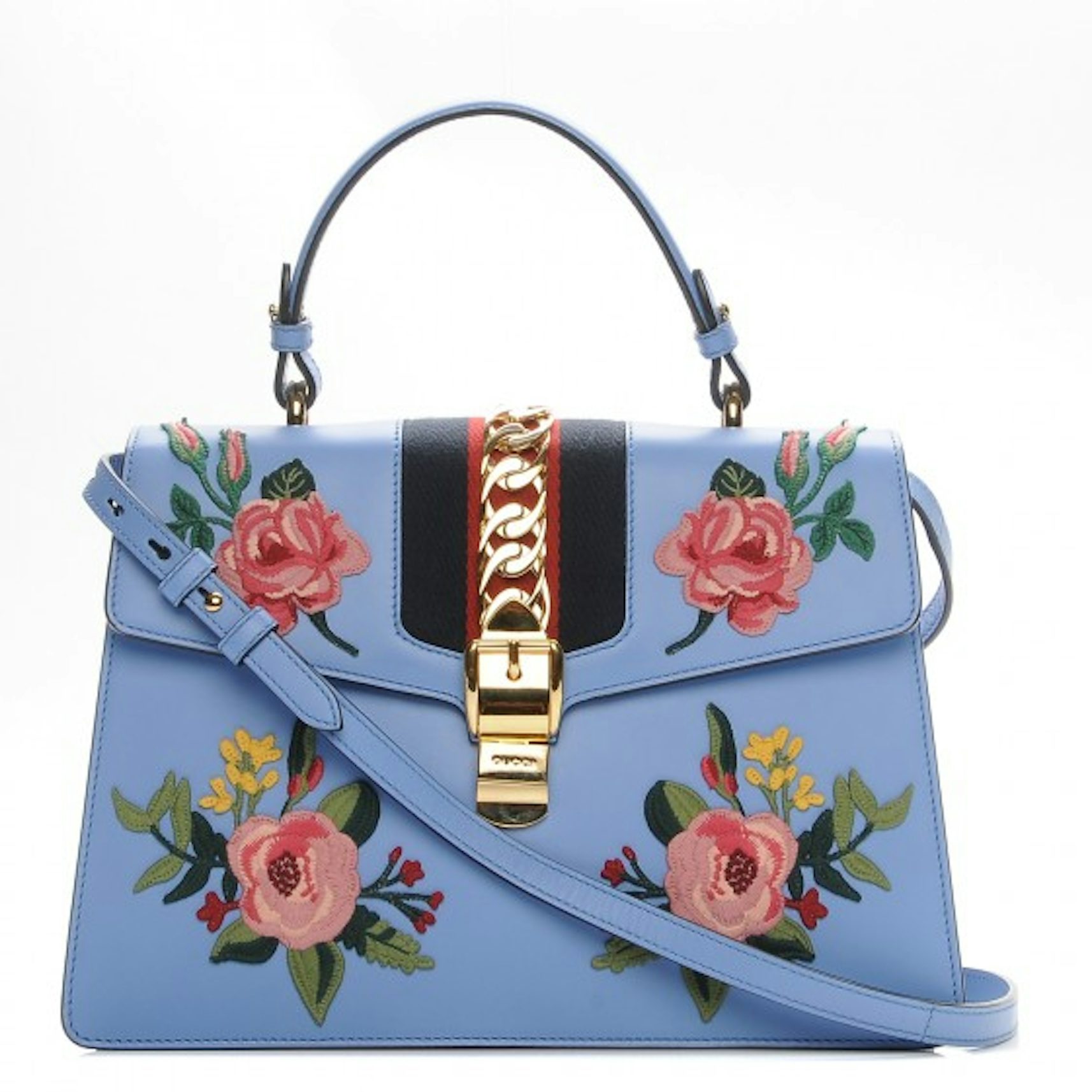 Gucci Sylvie Embroidered Top Handle Bag with Shoulder Strap