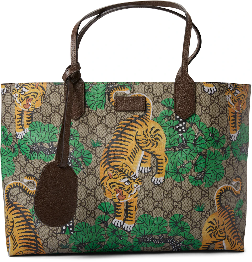 Gucci Handle Bag Tote Monogram GG Supreme Bengal Print Medium Beige/Ebony/Green US