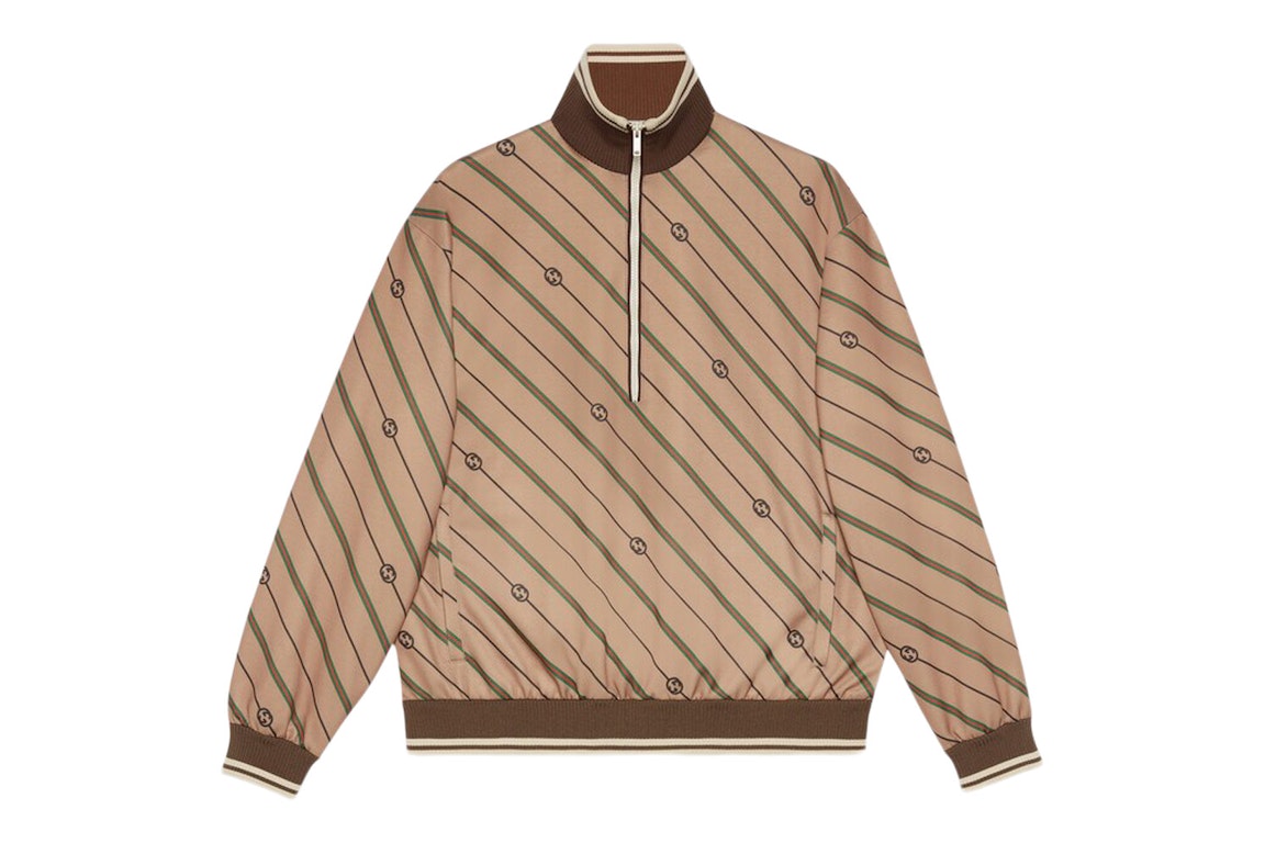 Pre-owned Gucci Twill Gg Stripe Knit Half-zip Jacket Beige/brown