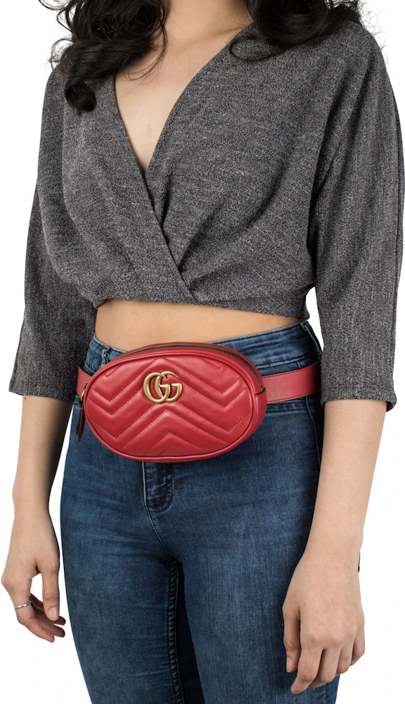 Gucci GG Marmont Belt Bag Matelasse Hibiscus Red in Leather with Gold ...